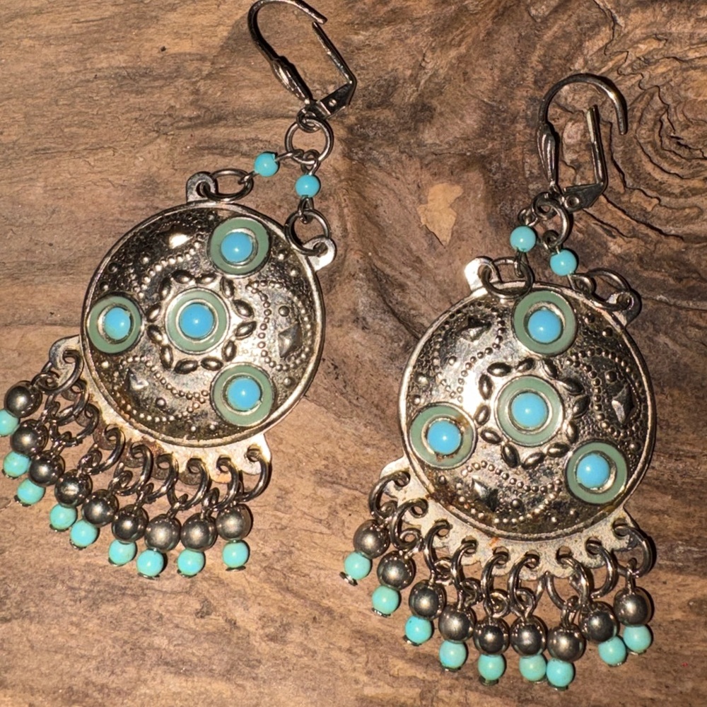 Bohemian or Western Silver and Turquoise Stone Dangle Earrings